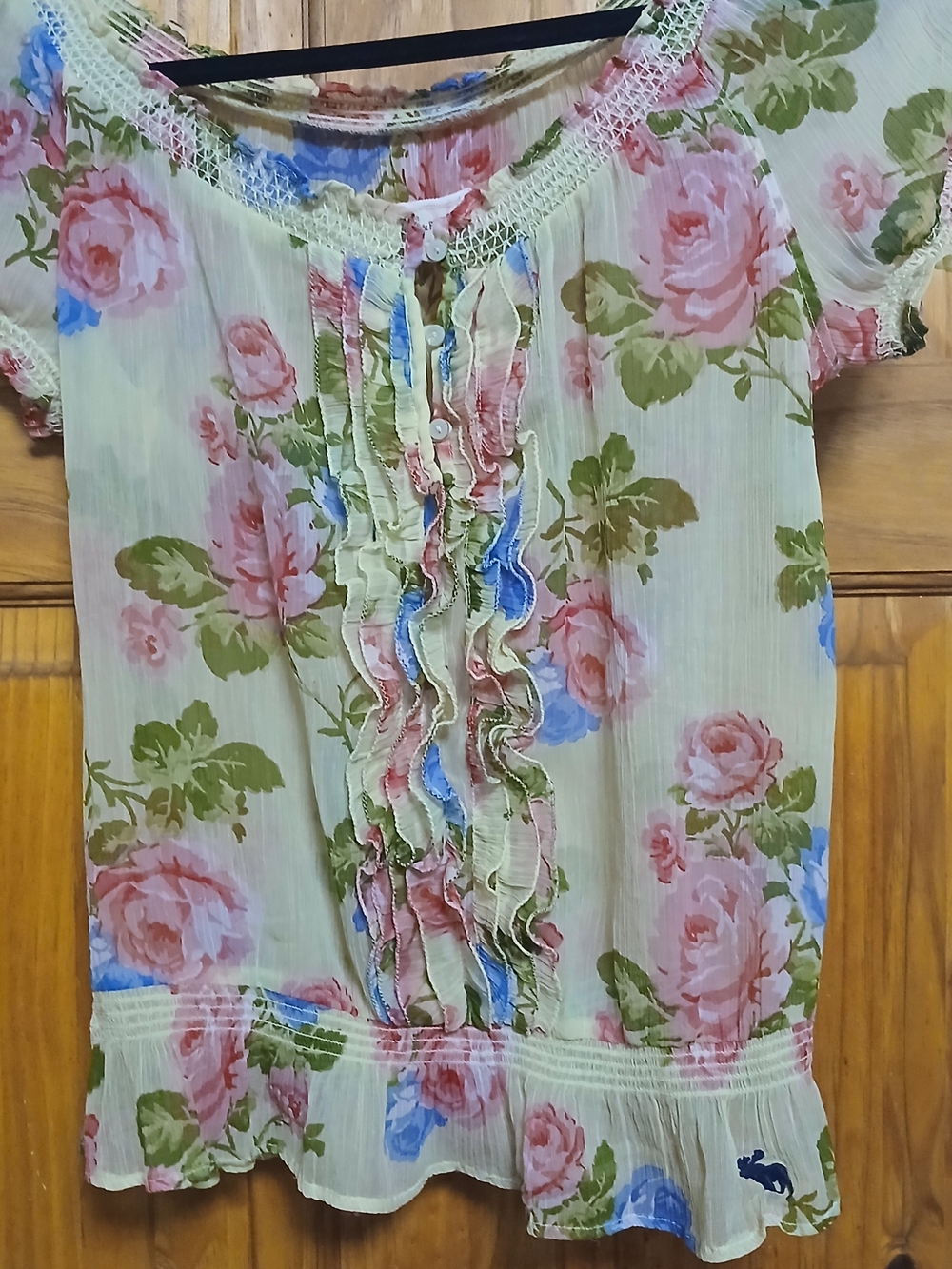Abercrombie & Fitch Floral Ruffle Short Sleeve Top - Pink, Green, Blue on Yellow